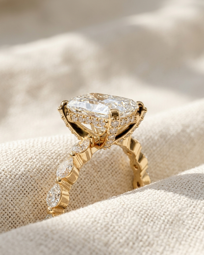 Radiant Cut Lab Grown Diamond Engagement Ring, East-West Pear & Round Accent Band, Hidden Halo Bridal Ring, Solid Gold Anniversary Gift For Her