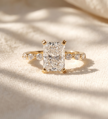 Radiant Cut Lab Grown Diamond Engagement Ring, East-West Pear & Round Accent Band, Hidden Halo Bridal Ring, Solid Gold Anniversary Gift For Her