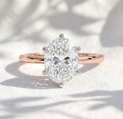 Two Tone Oval Cut Lab Grown Diamond Solitaire Cathedral Engagement Ring