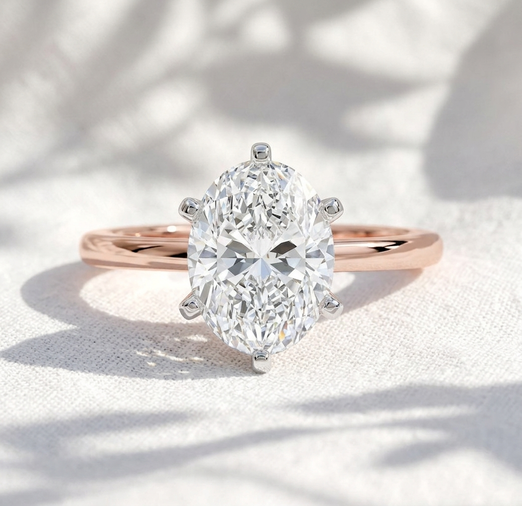 two tone oval cut lab grown diamond solitaire cathedral engagement ring