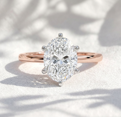 Two Tone Oval Cut Lab Grown Diamond Solitaire Cathedral Engagement Ring