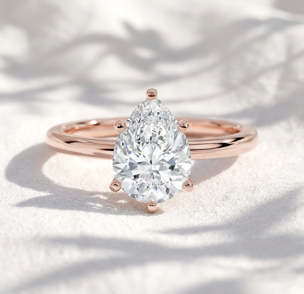 two tone pear cut lab grown diamond solitaire cathedral engagement ring