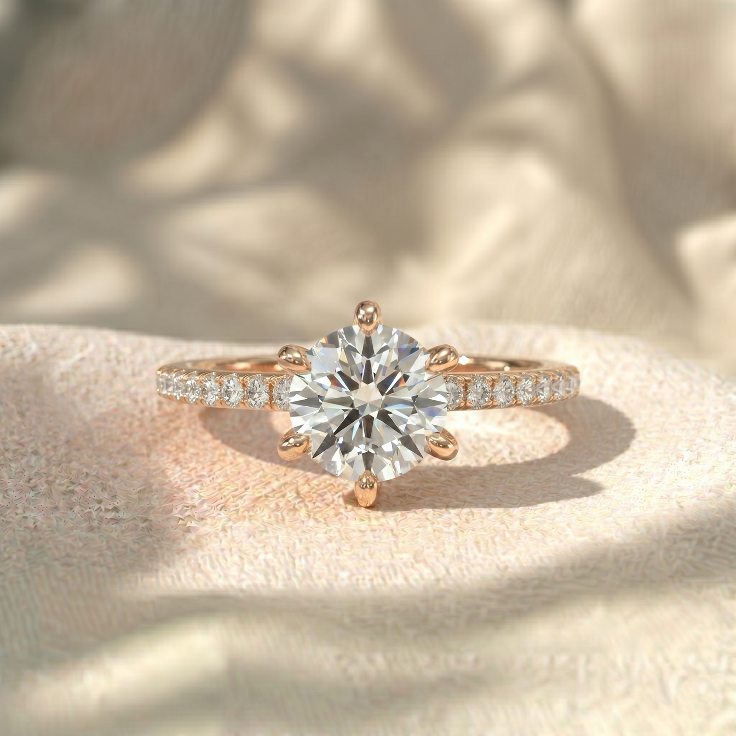 round cut lab grown diamond engagement ring, 6 prong solitaire ring, pave diamond band, scalloped accent ring, solid gold anniversary gift for her