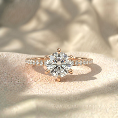 Round Cut Lab Grown Diamond Engagement Ring, 6 Prong Solitaire Ring, Pave Diamond Band, Scalloped Accent Ring, Solid Gold Anniversary Gift For Her