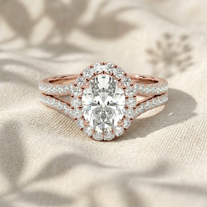 Oval Cut Lab Grown Diamond Engagement Ring, Split Shank Halo Ring, Double Row Pavé Band Ring, Unique Solid Gold Anniversary Gift For Her