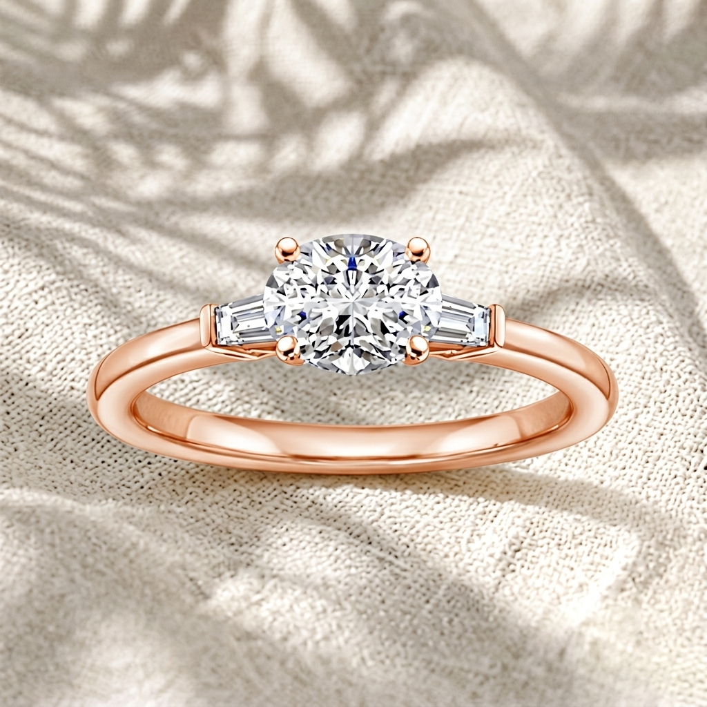oval lab grown diamond three stone engagement ring with tapered baguette side stones