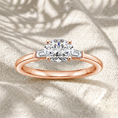Oval Lab Grown Diamond Three Stone Engagement Ring with Tapered Baguette Side Stones