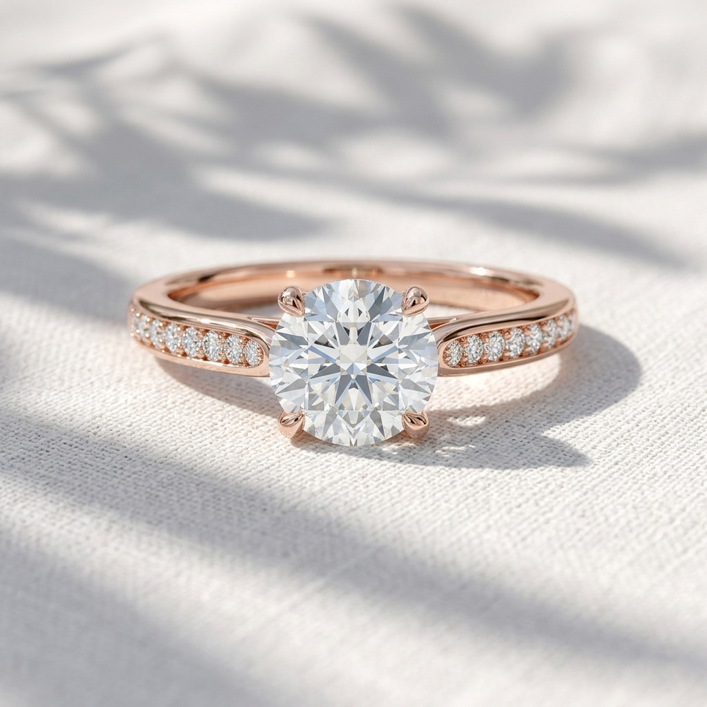 Round Lab Grown Diamond Tulip Cathedra Engagement Ring with Pavé Accent Band