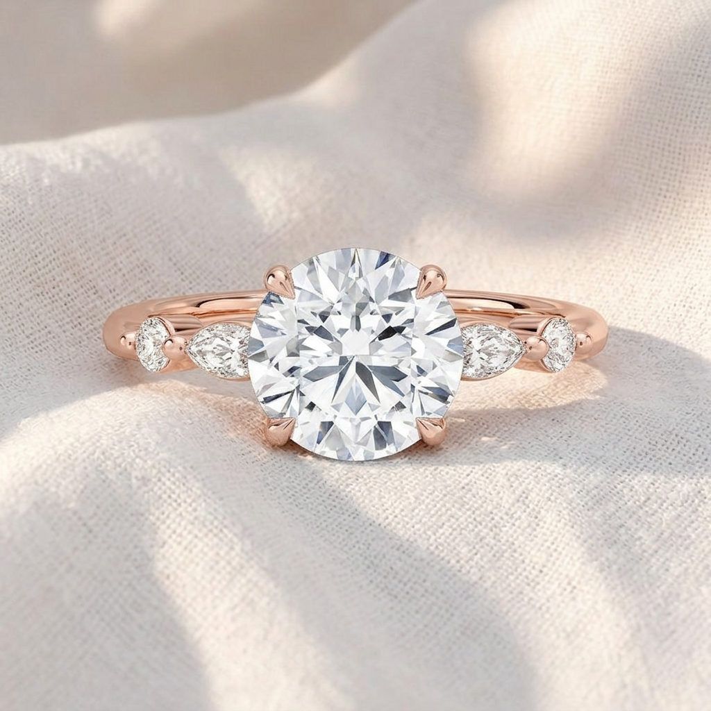 round cut lab grown diamond marquise & round side stone engagement ring