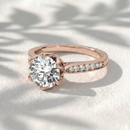 Vintage Round Cut Lab Grown Diamond Engagement Ring, Petal Prongs Lotus Setting Ring, Channel Set Diamond Band, Unique Antique Anniversary Ring For Her