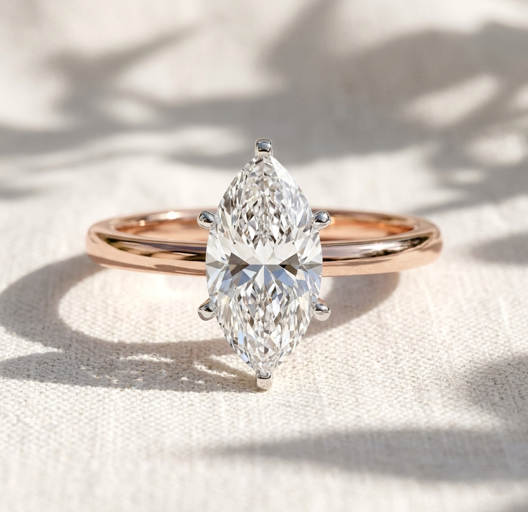 Two Tone Marquise Cut Lab Grown Diamond Solitaire Cathedral Engagement Ring