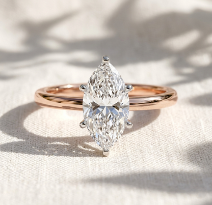 Two Tone Marquise Cut Lab Grown Diamond Solitaire Cathedral Engagement Ring