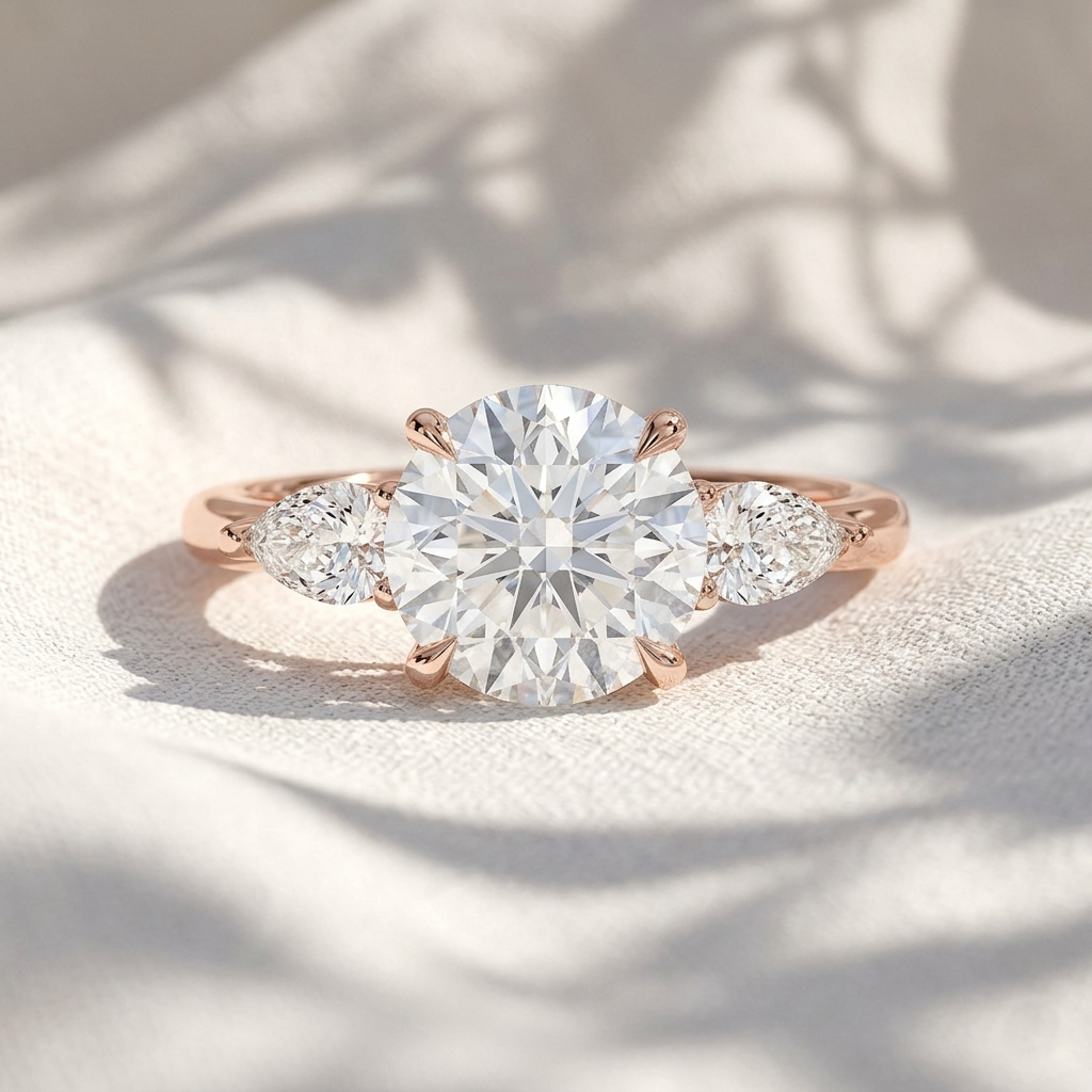 Round Lab Grown Diamond Three Stone Engagement Ring with Pear Side Stones