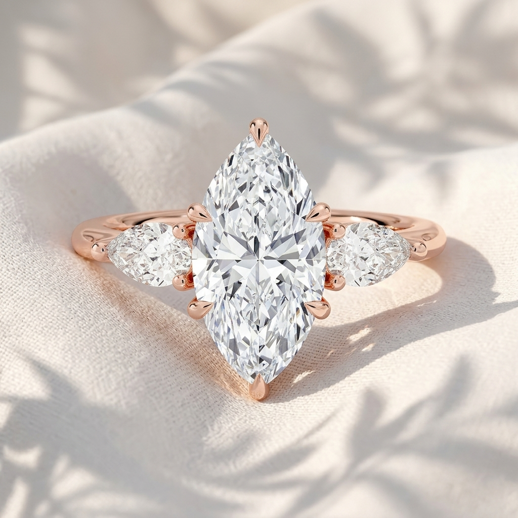 marquise lab grown diamond three stone engagement ring