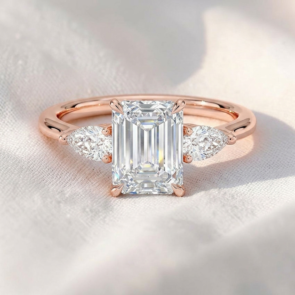 Emerald Lab Grown Diamond Three Stone Engagement Ring