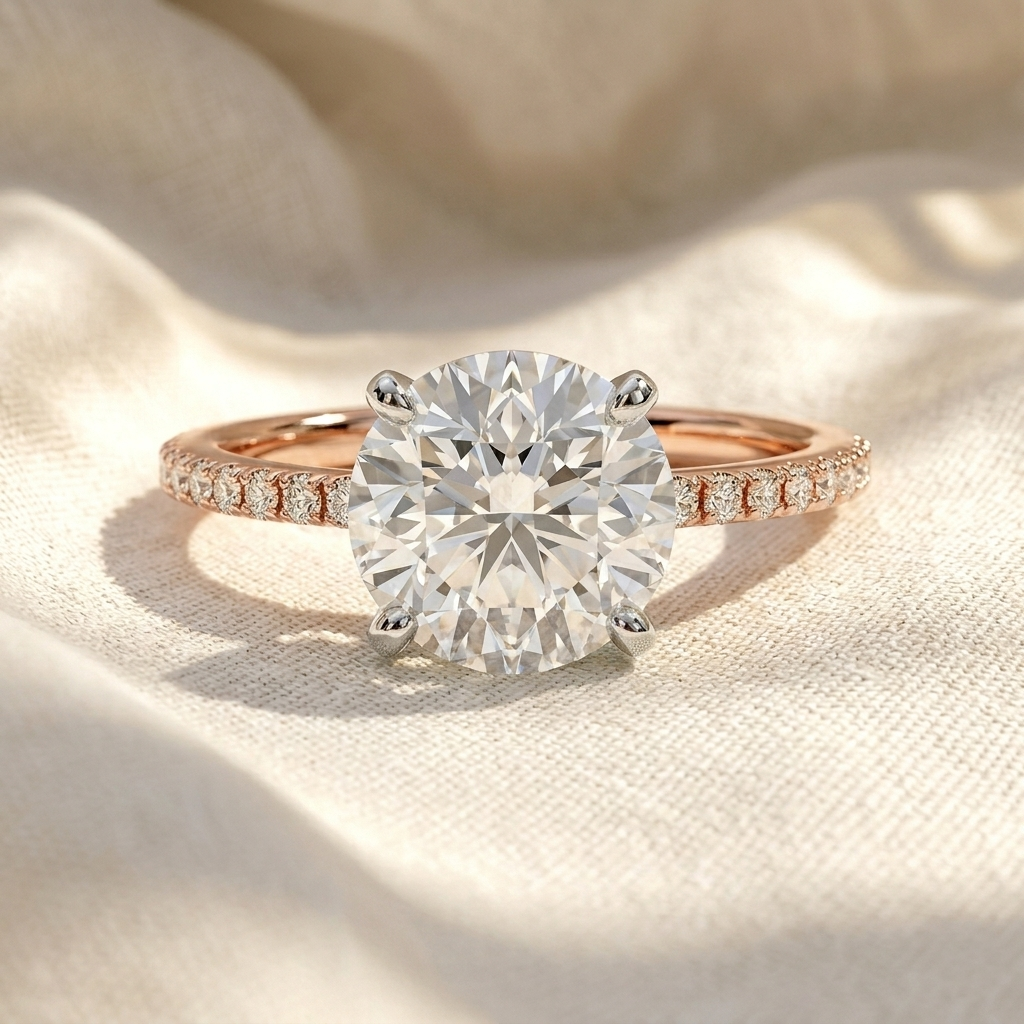 two tone round cut lab grown diamond pave engagement ring