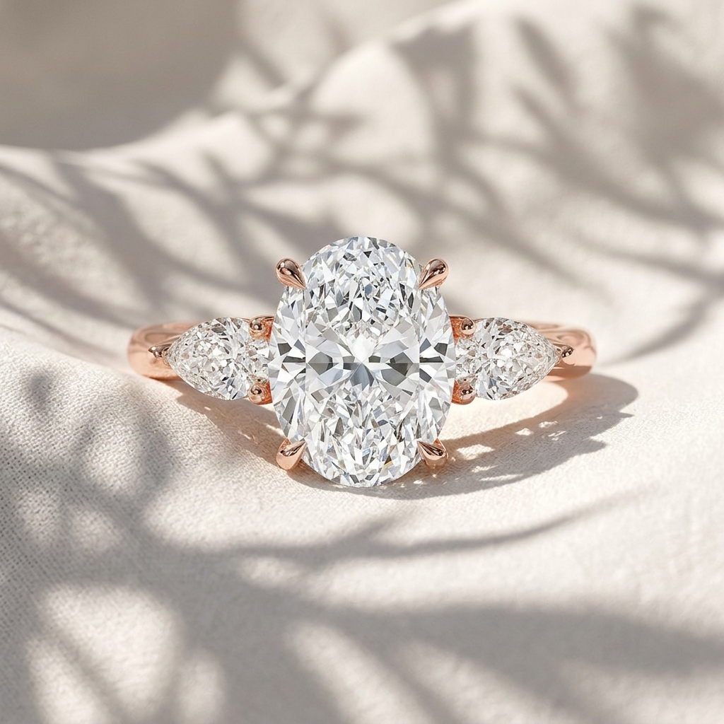 oval lab grown diamond three stone engagement ring with pear side stones