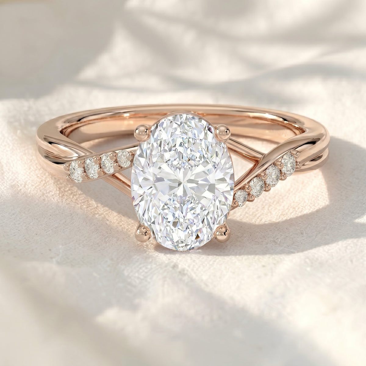 oval lab grown diamond twisted pavé engagement ring