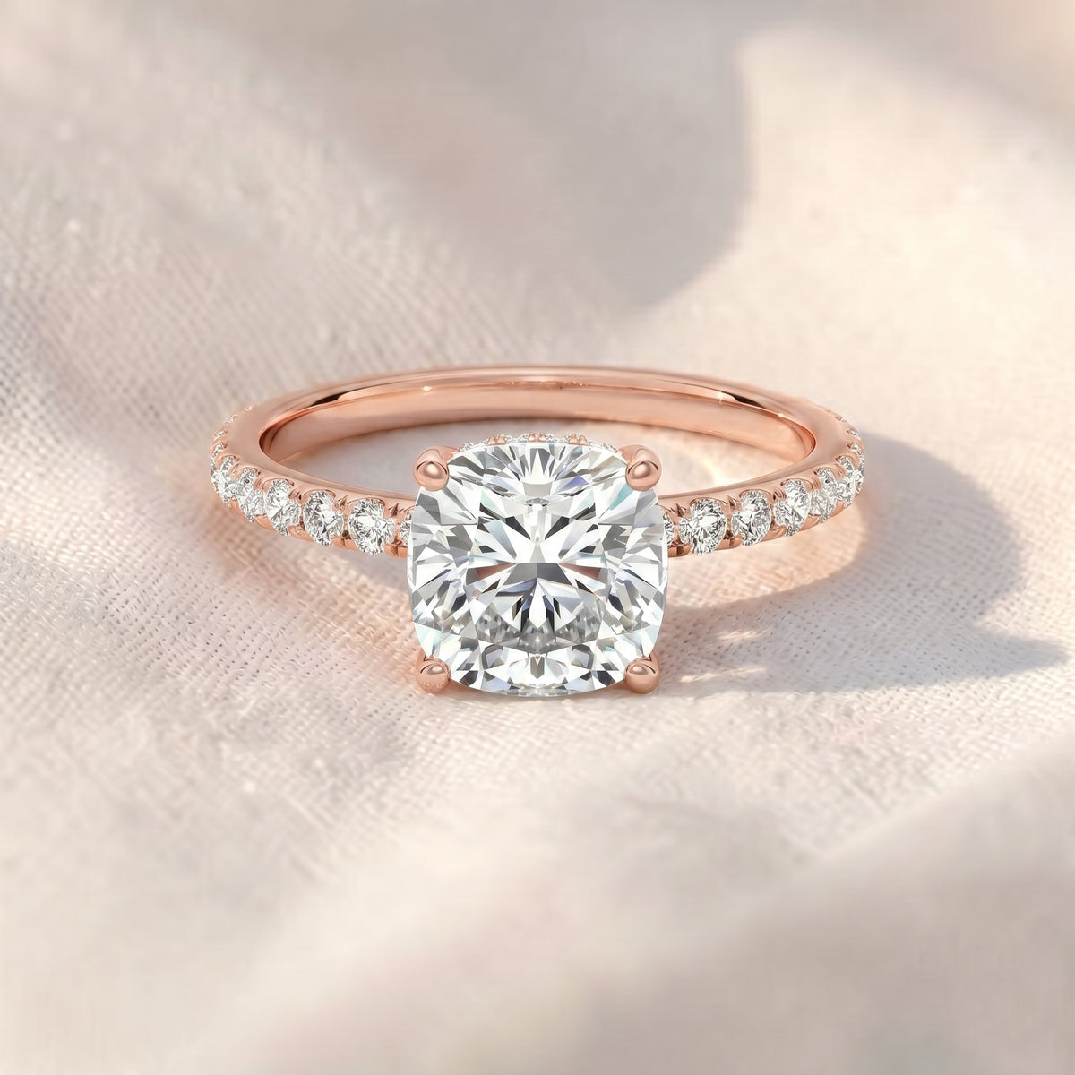 cushion cut hidden halo pavé lab diamond engagement ring