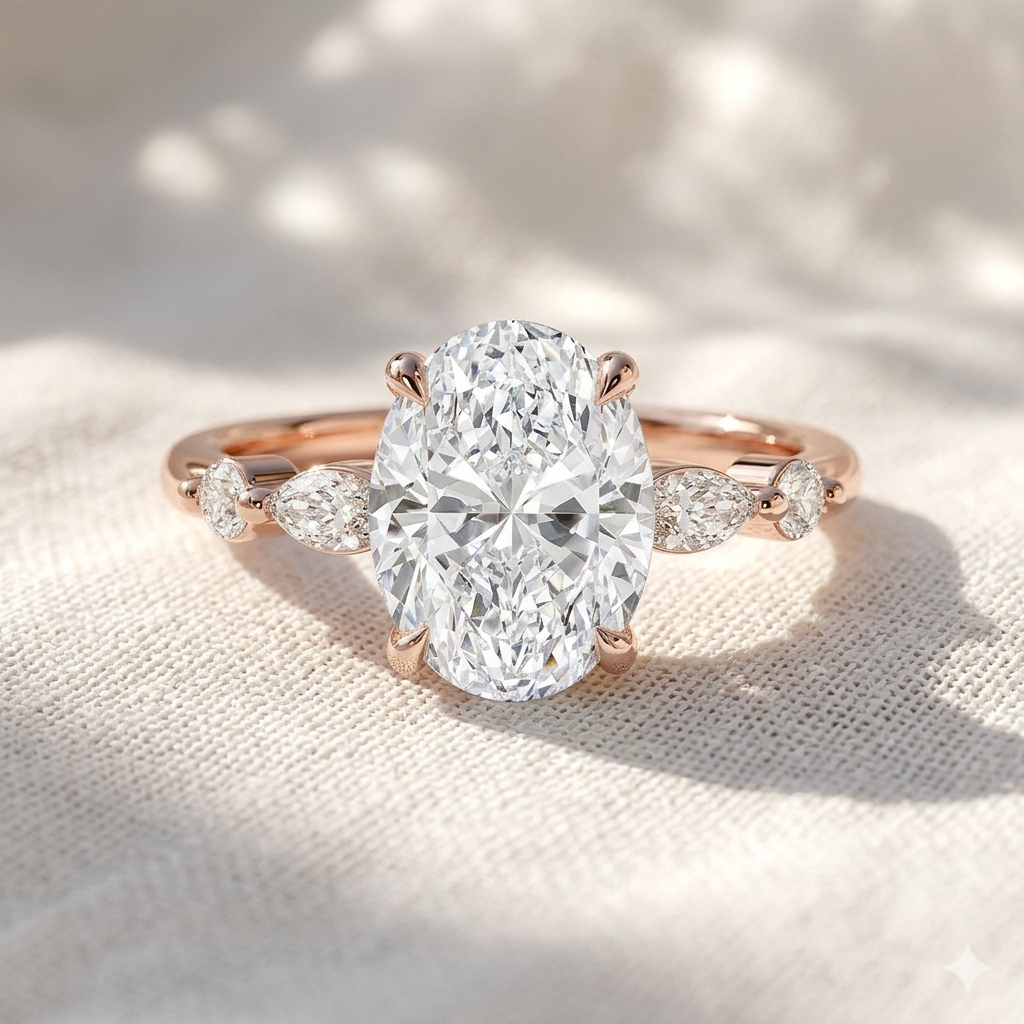 oval cut lab grown diamond marquise & round side stone engagement ring