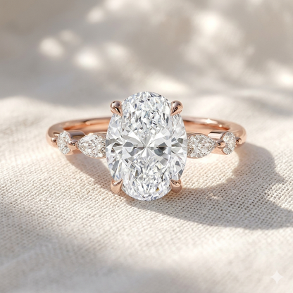 Oval Cut Lab Grown Diamond Marquise & Round Side Stone Engagement Ring