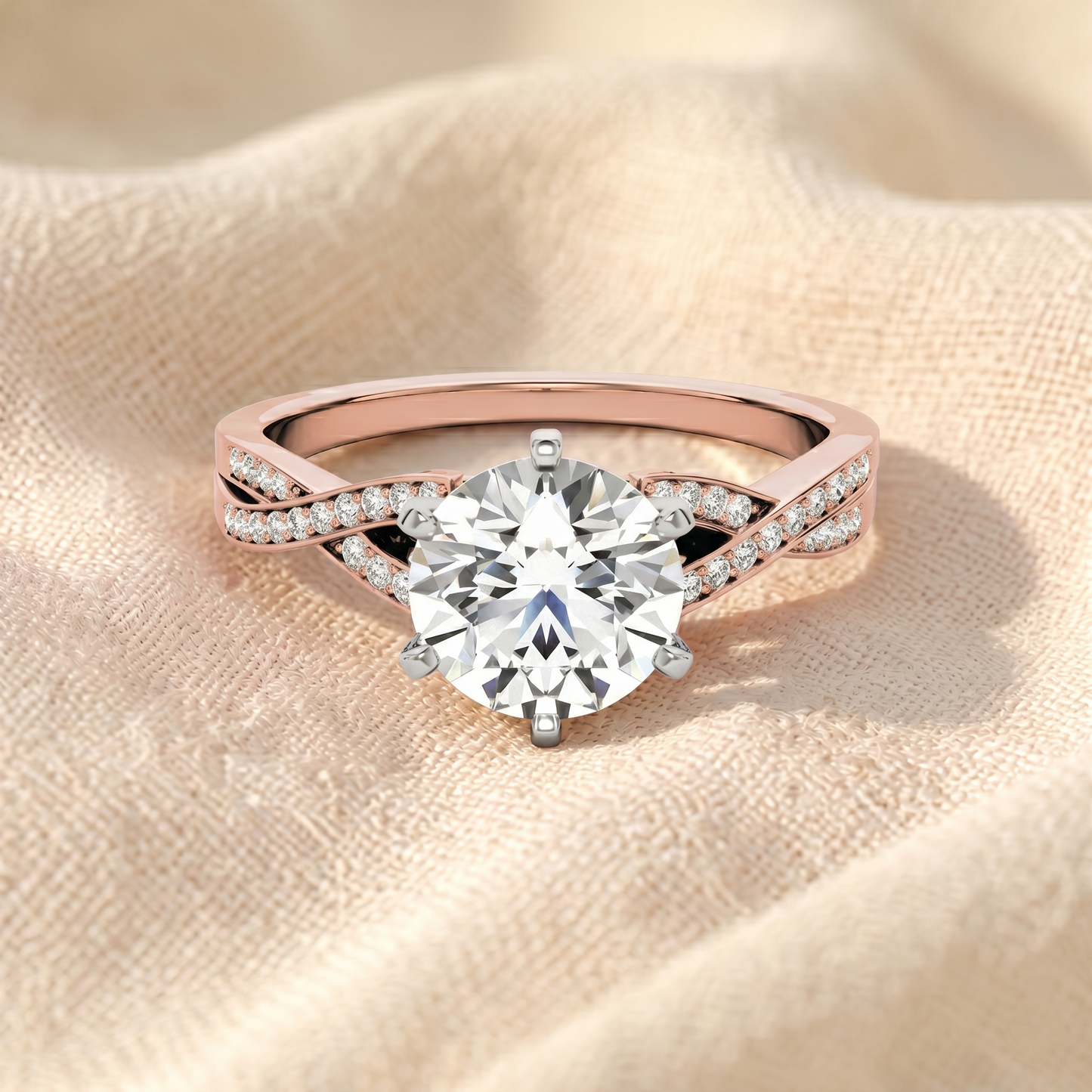 round cut lab grown diamond engagement ring, twisted pave band solitaire ring, two tone gold split shank ring, unique anniversary gift for her