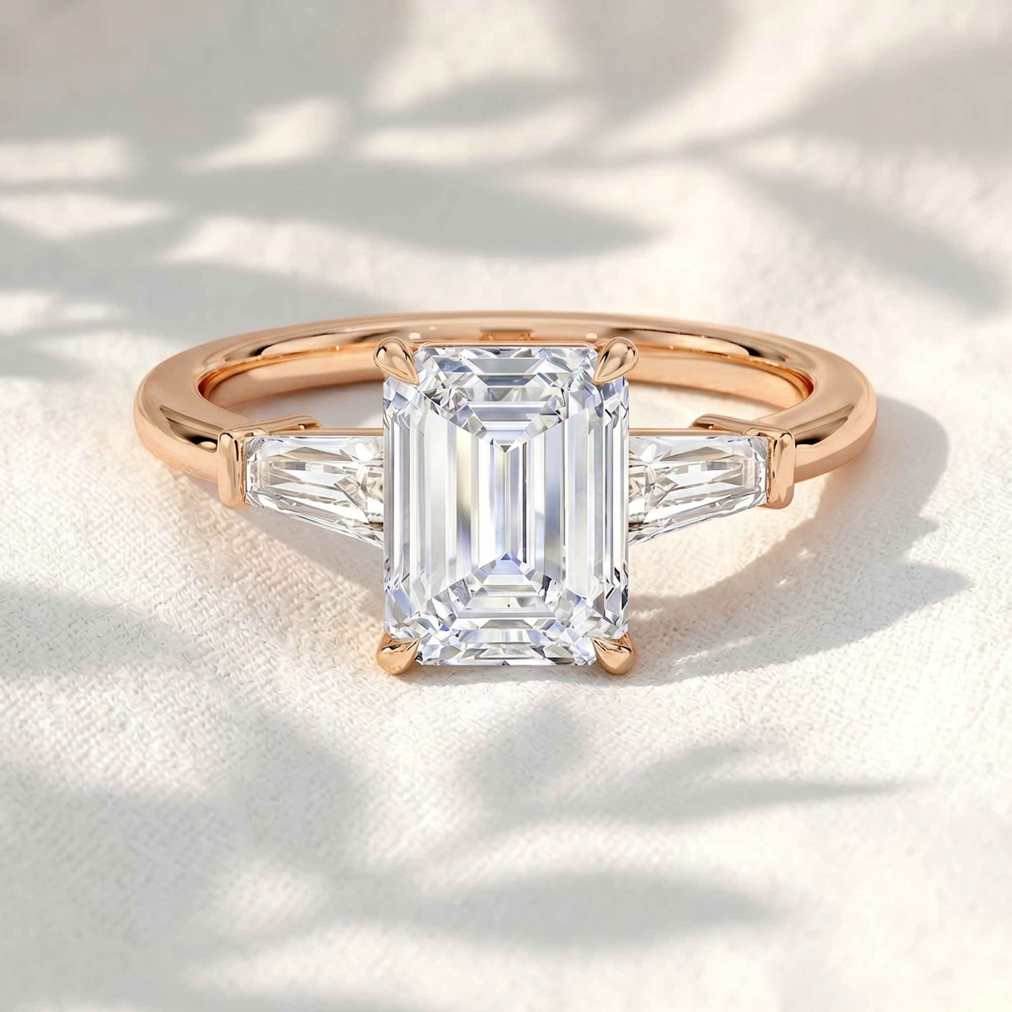 Emerald Cut Lab Grown Diamond Three Stone Engagement Ring with Tapered Baguette Side Stones
