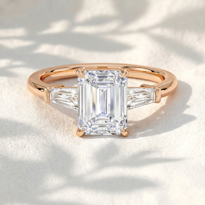 Emerald Cut Lab Grown Diamond Three Stone Engagement Ring with Tapered Baguette Side Stones