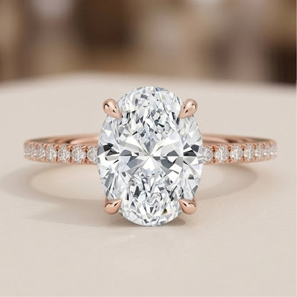 Oval Lab Grown Diamond Pavé Engagement Ring in Gold – Four Prong Solitaire with Hidden Halo