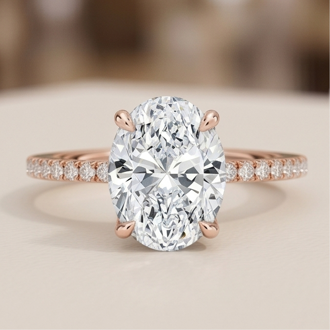 Oval Lab Grown Diamond Pavé Engagement Ring in Gold – Four Prong Solitaire with Hidden Halo