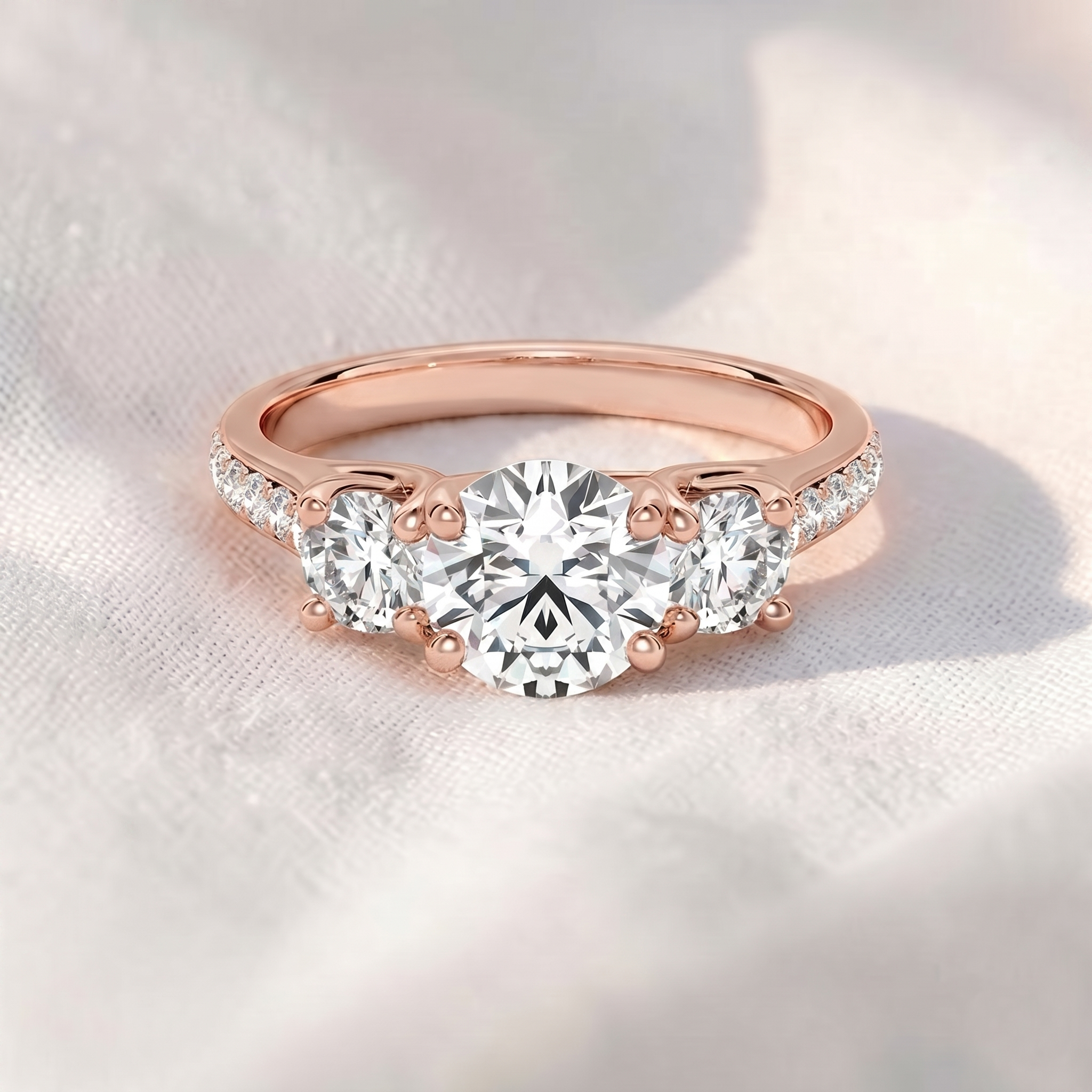 Round Lab Grown Diamond Three Stone Engagement Ring with Pavé Band