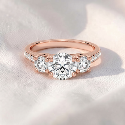 Round Lab Grown Diamond Three Stone Engagement Ring with Pavé Band