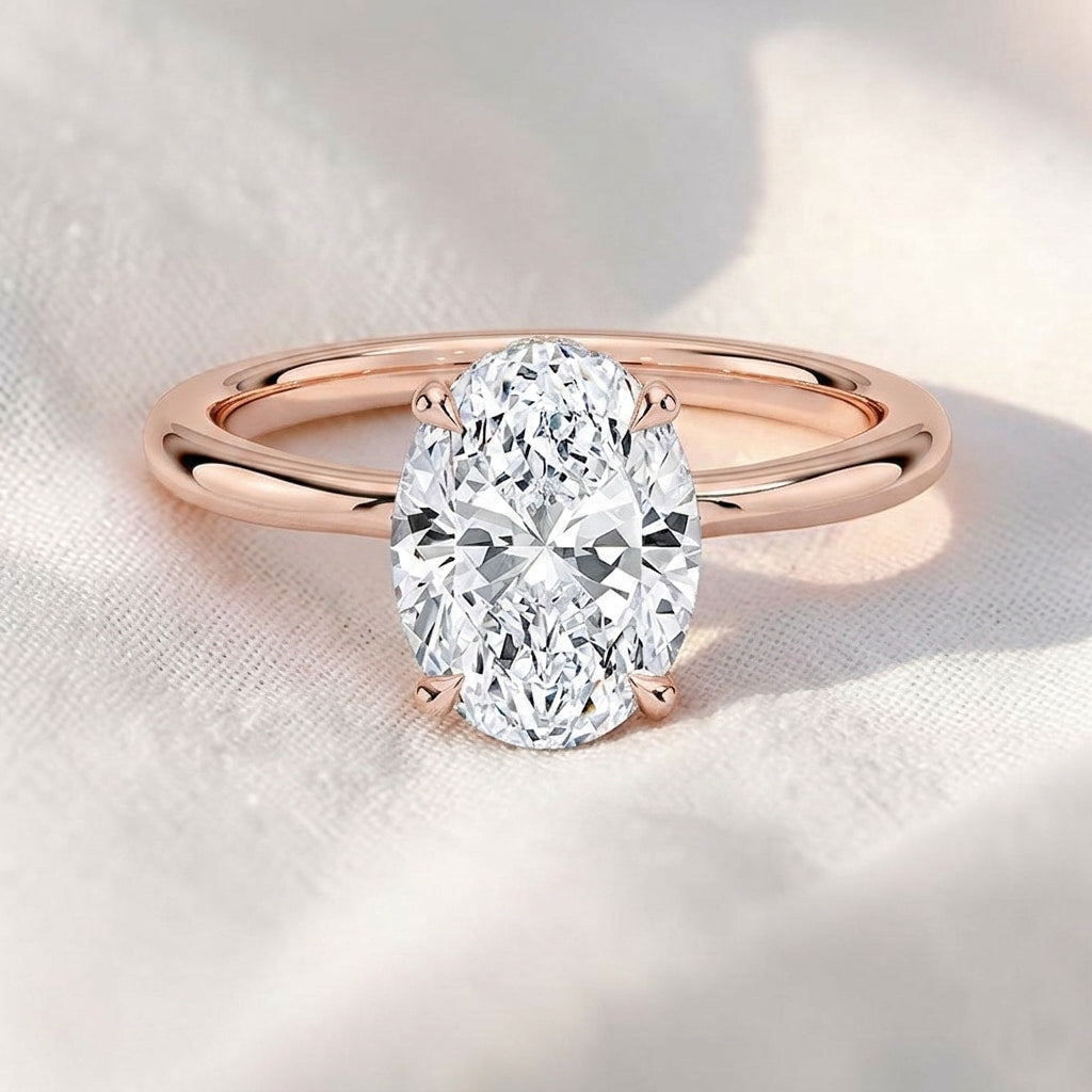oval cut lab grown diamond twisted hidden halo engagement ring