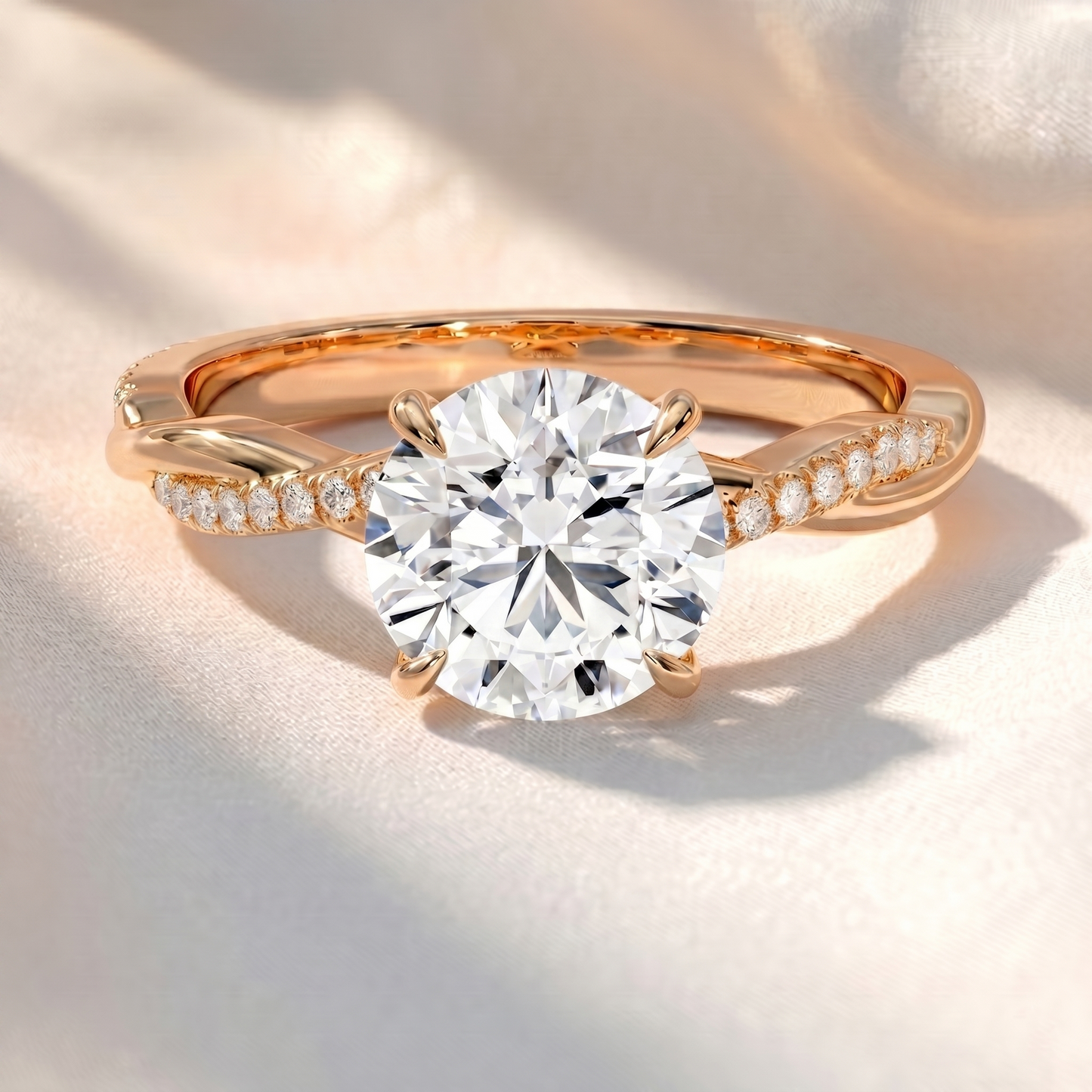 round lab grown diamond twisted pavé engagement ring