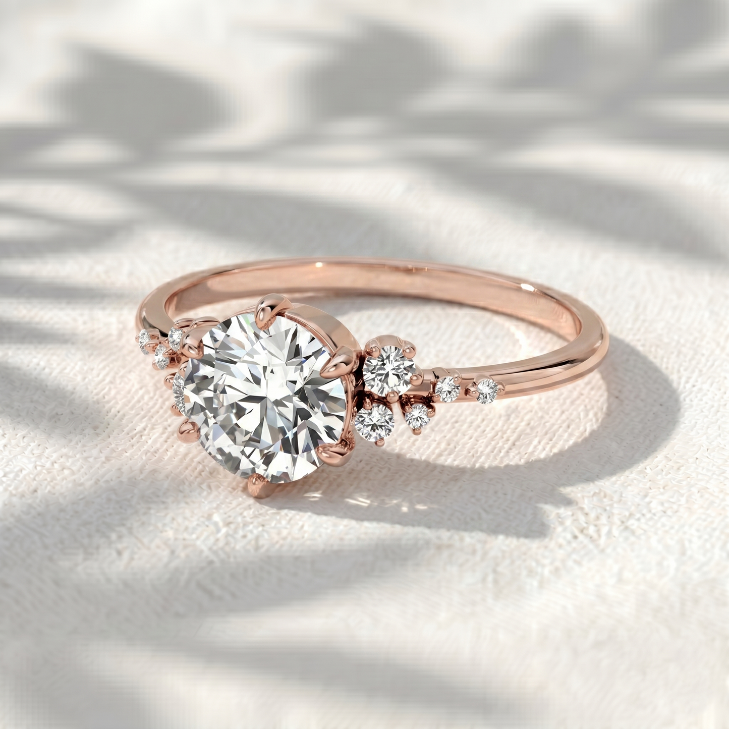 round cut lab grown diamond engagement ring, cluster side stones solitaire ring, asymmetrical diamond band, unique solid gold anniversary gift for her