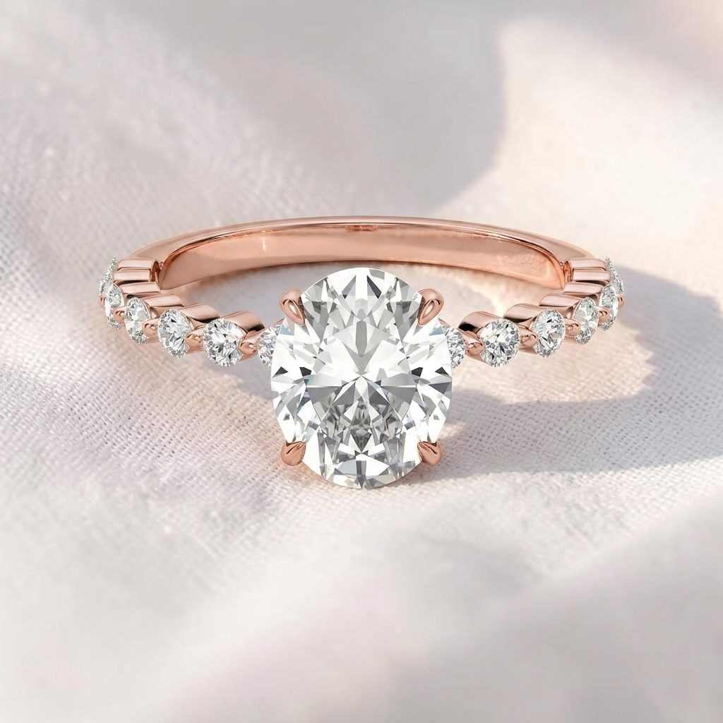 Oval Lab Grown Diamond Hidden Halo Engagement Ring with Shared Prong Pavé Band