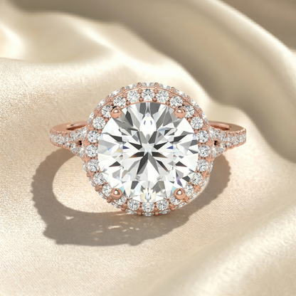Round Cut Lab Grown Diamond Halo Engagement Ring, Split Shank Pave Diamond Ring, Double Row Halo Ring, Solid Gold Unique Anniversary Gift For Her