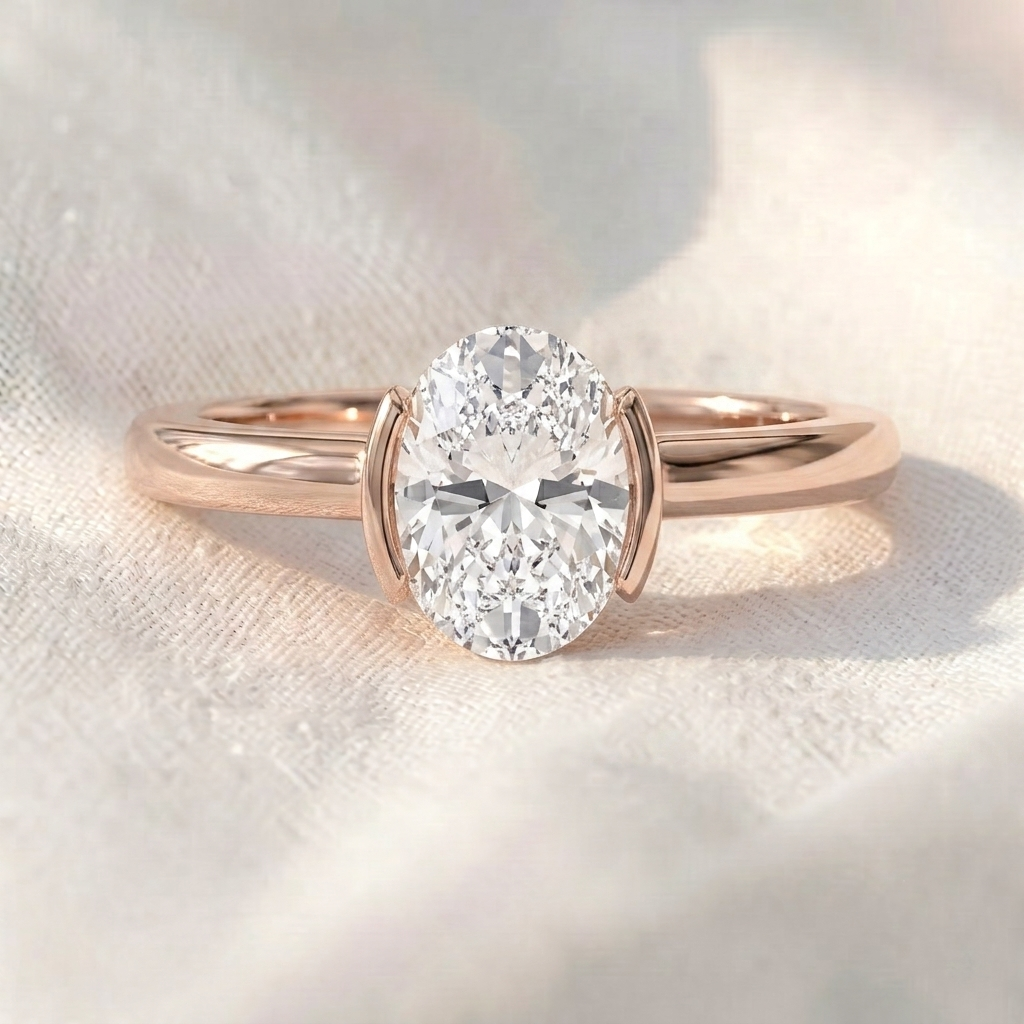 oval lab diamond half bezel solitaire engagement ring
