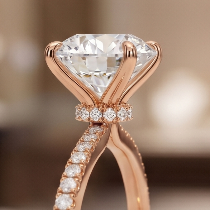 Round Lab Grown Diamond Pavé Engagement Ring in Gold – Four Prong Solitaire with Hidden Halo