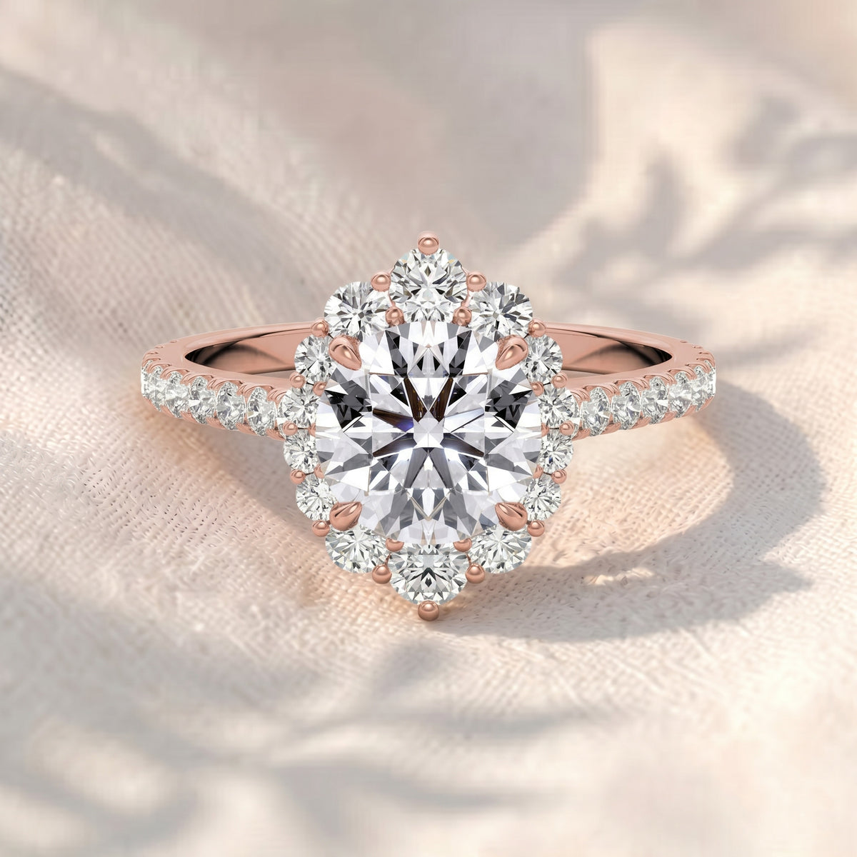 round cut lab grown diamond engagement ring, vintage floral sunburst halo ring, pavé diamond band, unique solid gold anniversary ring for her