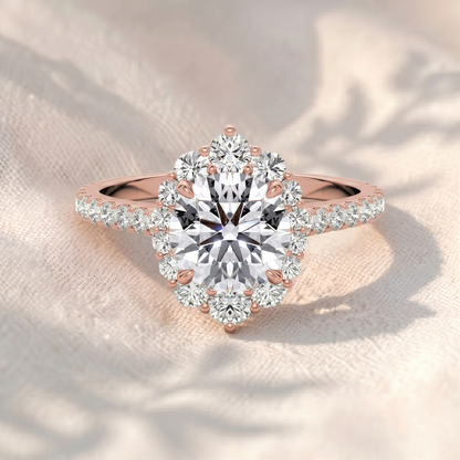 Round Cut Lab Grown Diamond Engagement Ring, Vintage Floral Sunburst Halo Ring, Pavé Diamond Band, Unique Solid Gold Anniversary Ring For Her