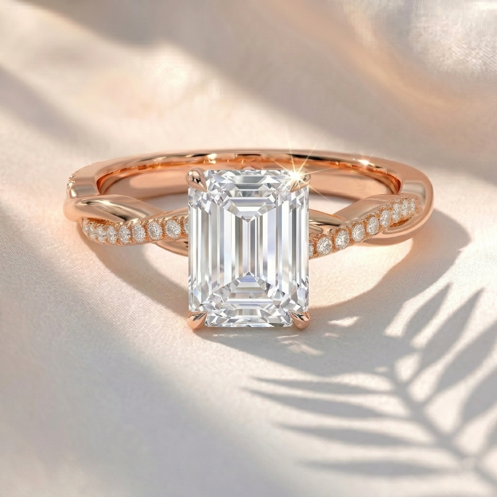 Twisted Band Emerald Lab Grown Diamond Engagement Ring in Gold – Pavé Crossover Ring
