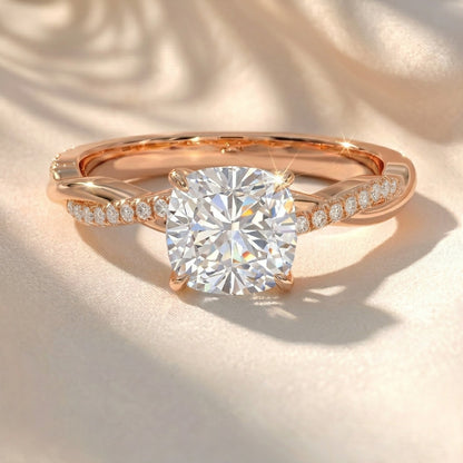 Twisted Band Cushion Lab Grown Diamond Engagement Ring in Gold – Pavé Crossover Ring