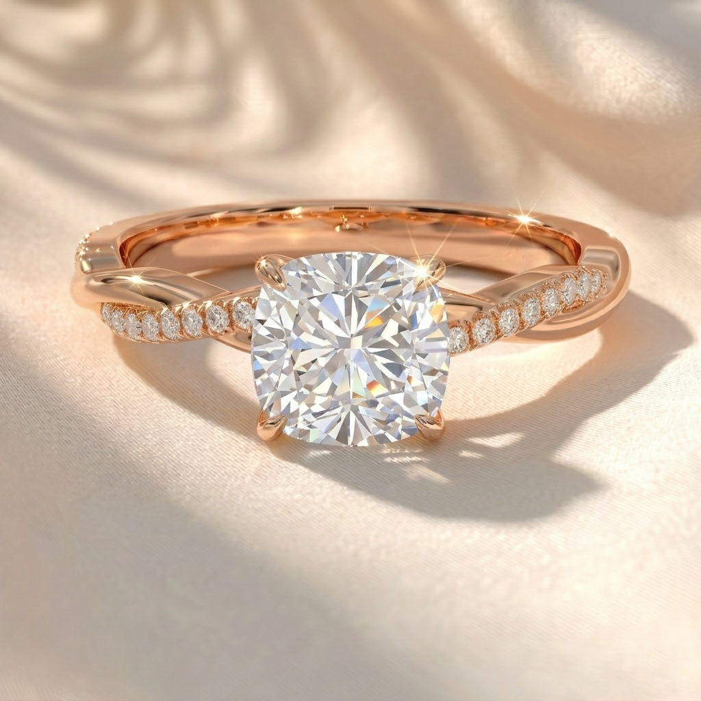 Twisted Band Round Lab Grown Diamond Engagement Ring in Gold – Pavé Crossover Ring