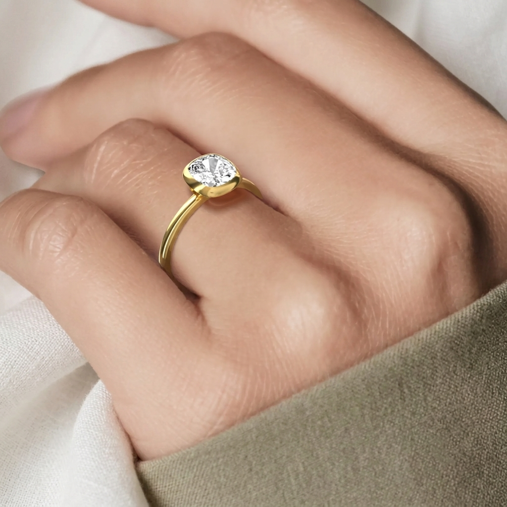 cushion cut bezel set lab diamond engagement ring