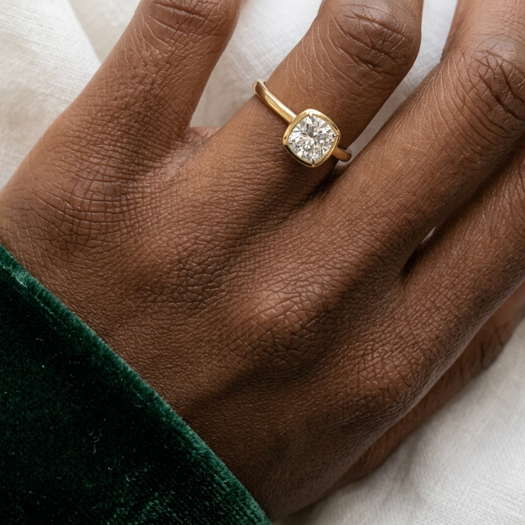 cushion cut bezel set lab diamond engagement ring