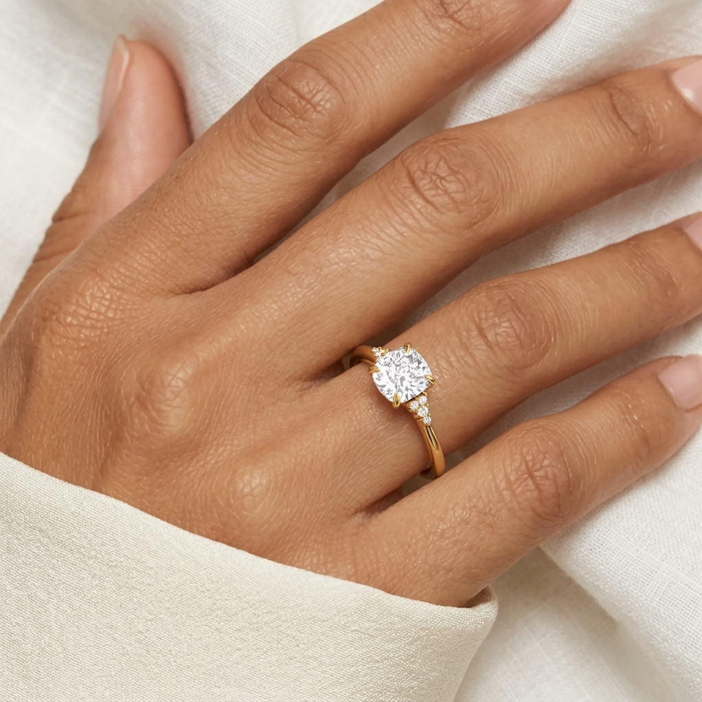 cushion cut cluster side stone lab diamond engagement ring