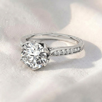 Vintage Round Cut Lab Grown Diamond Engagement Ring, Petal Prongs Lotus Setting Ring, Channel Set Diamond Band, Unique Antique Anniversary Ring For Her