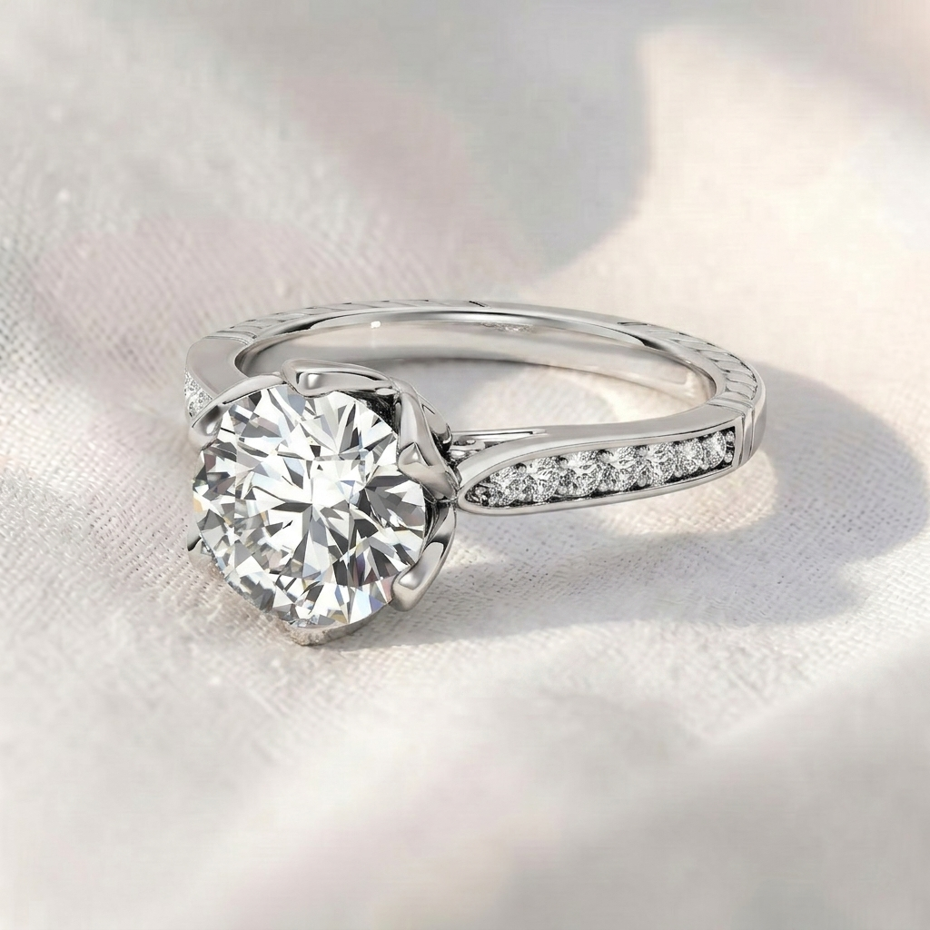 vintage round cut lab grown diamond engagement ring, petal prongs lotus setting ring, channel set diamond band, unique antique anniversary ring for her