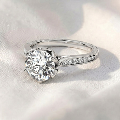 Vintage Round Cut Lab Grown Diamond Engagement Ring, Petal Prongs Lotus Setting Ring, Channel Set Diamond Band, Unique Antique Anniversary Ring For Her